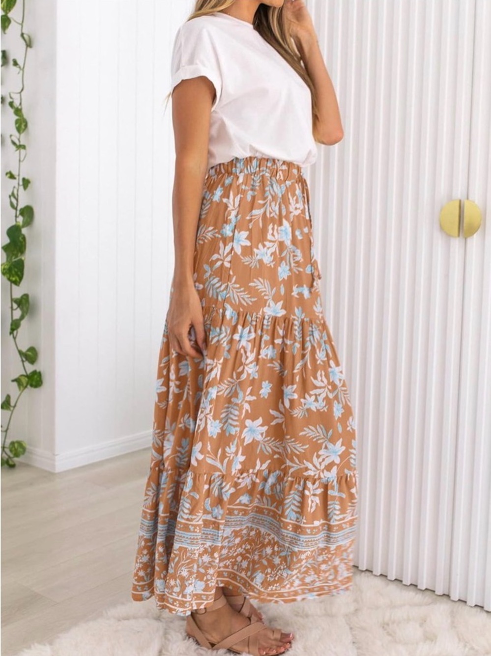 Boho Floral Maxi Skirt in Camel with White & Light Blue Print - Picture 3 of 14